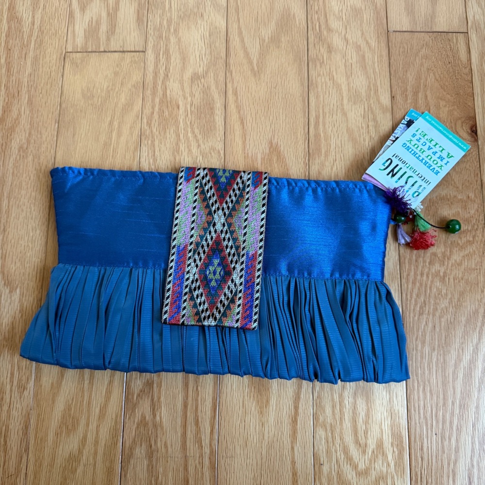 Rising‎ International Jamila Clutch Blue Silk Embroidered Zardozi Afghan Purse
